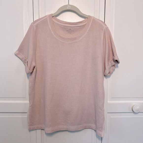 Athleta Women's Boxy Cut Short Sleeve Mid Weight Side Slit Light Pink Crewneck - Picture 1 of 12